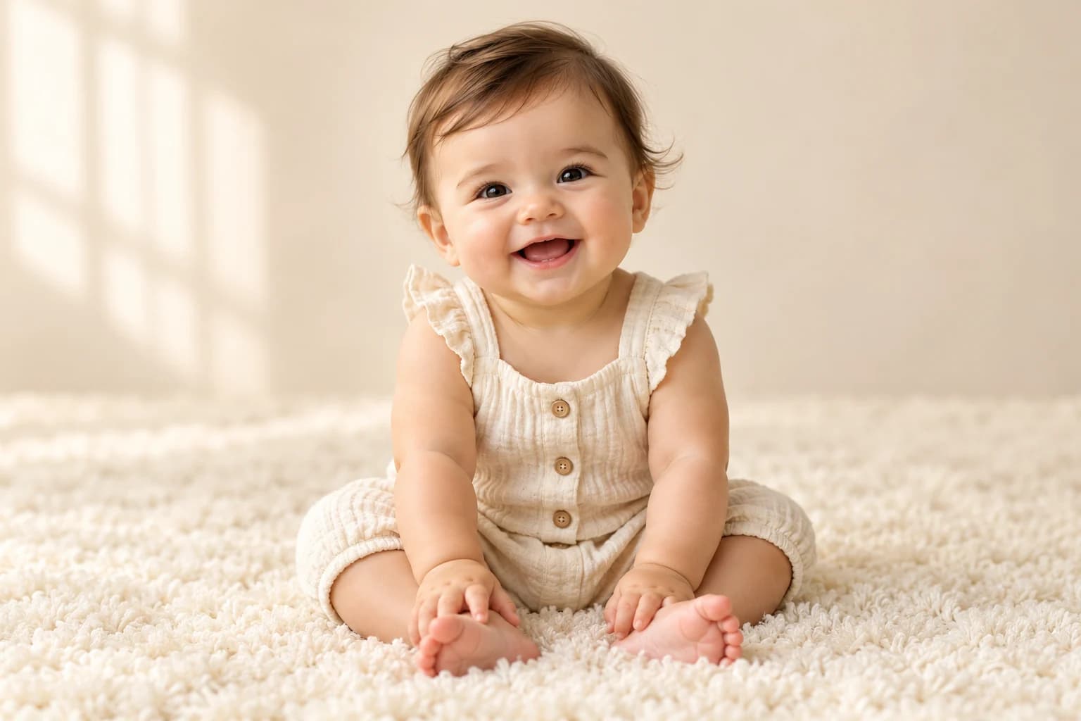 Cream studio baby portrait: Soft cream textures and natural studio light.