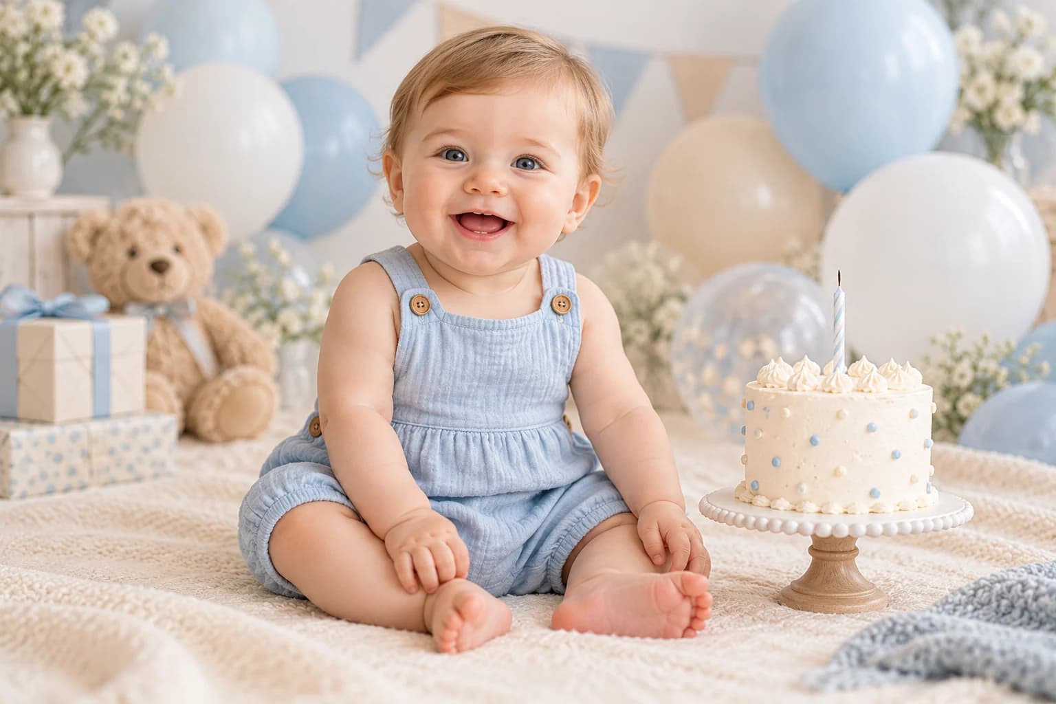 First birthday baby portrait: A little cake, pastel balloons and a birthday moment.