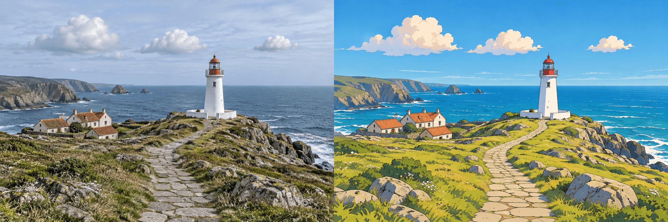 Anime landscape of a coastal lighthouse, seaside houses and a stone path, shown in a wide 3:2 composition