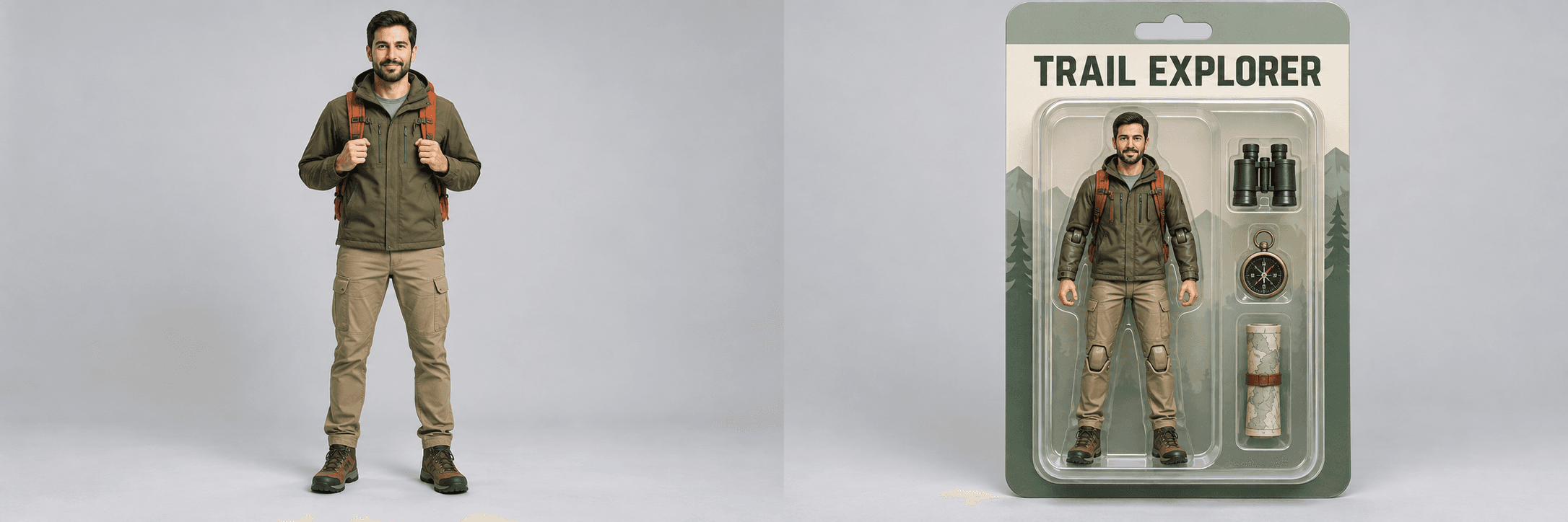 Explorer action figure with binoculars, compass and map in packaging