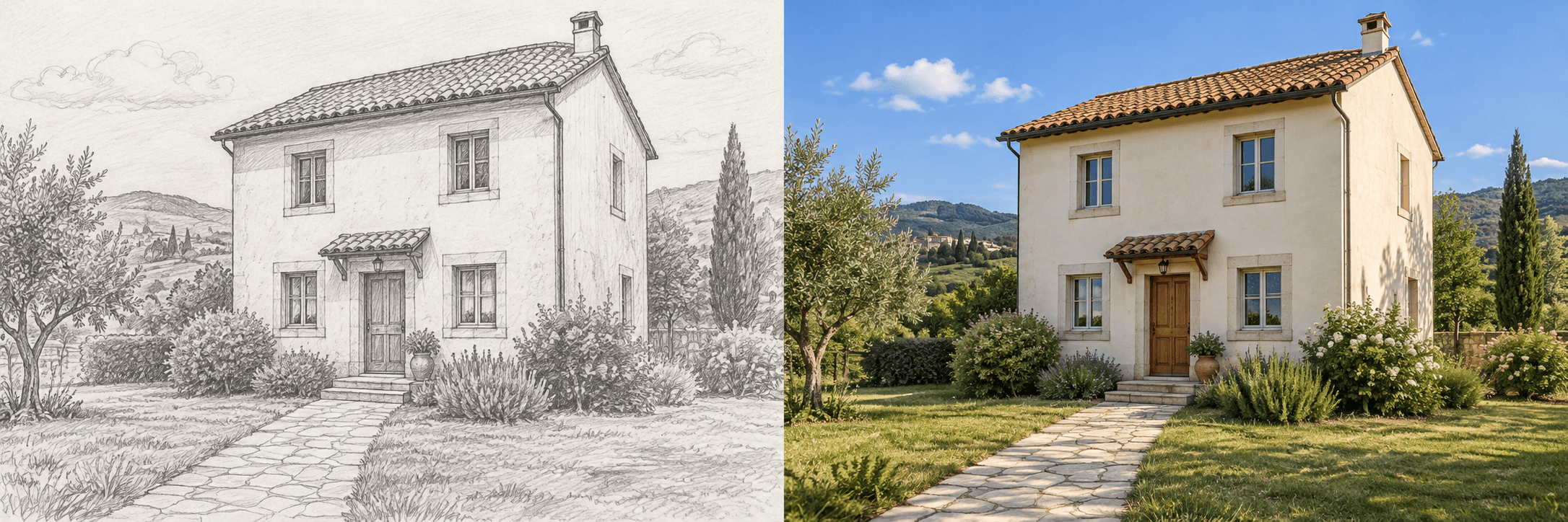 Pencil sketch of a countryside house