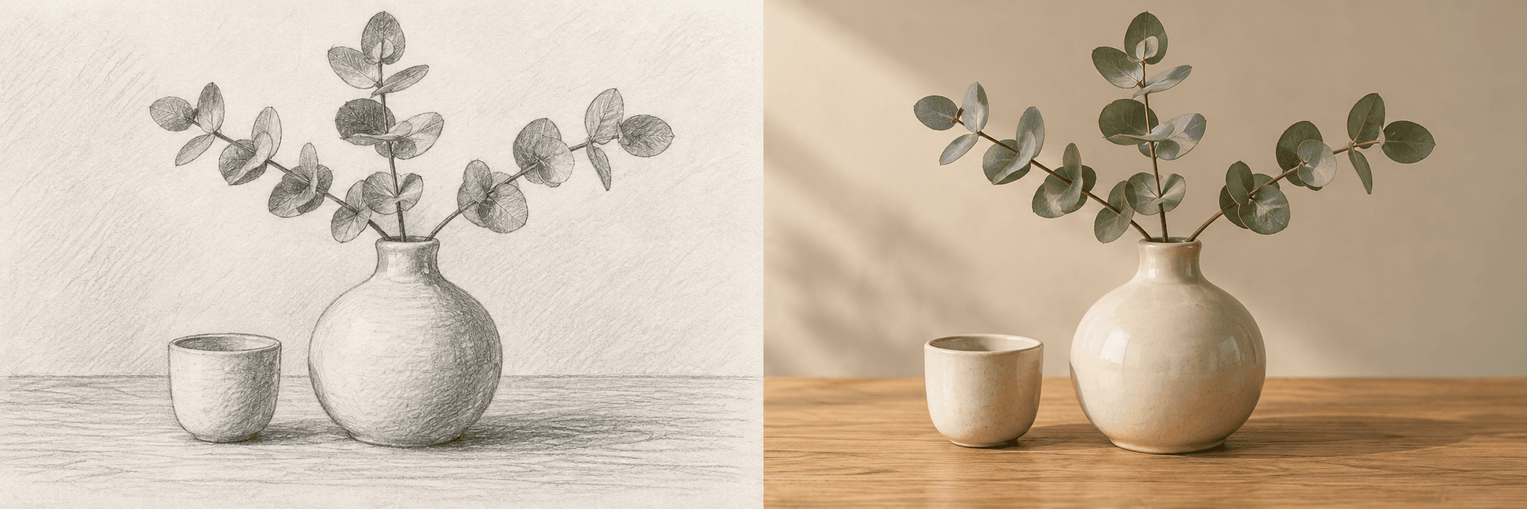 Paired AI-made examples of a ceramic still life as a pencil drawing on the left and a photographic-style scene on the right