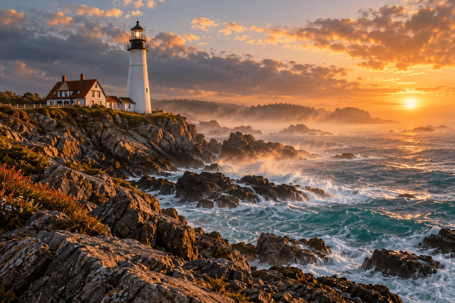 AI-made scene of a lighthouse on a rocky coast in warm sunset light