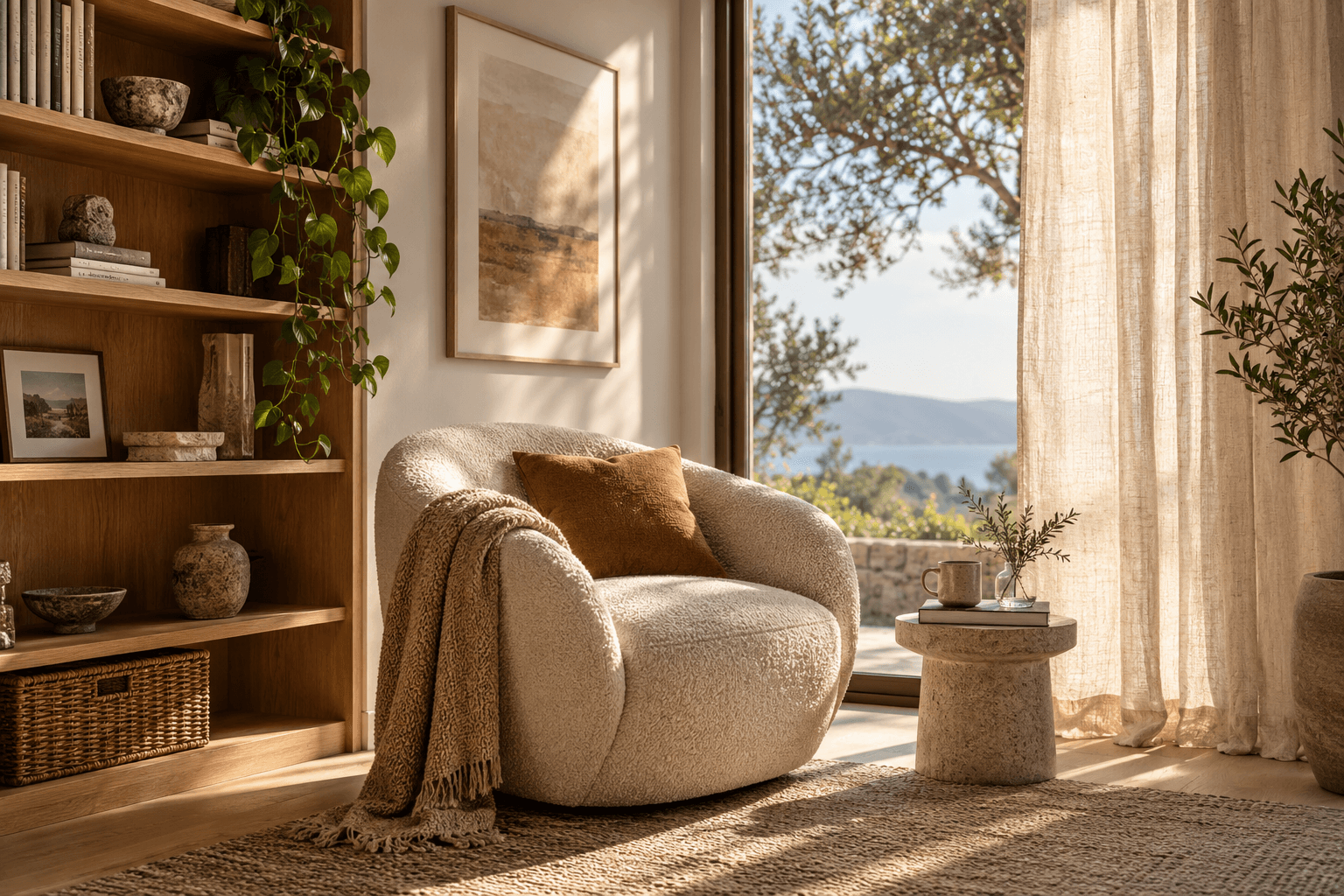 AI-made interior with a clearly lit armchair, a window and uncluttered shelving