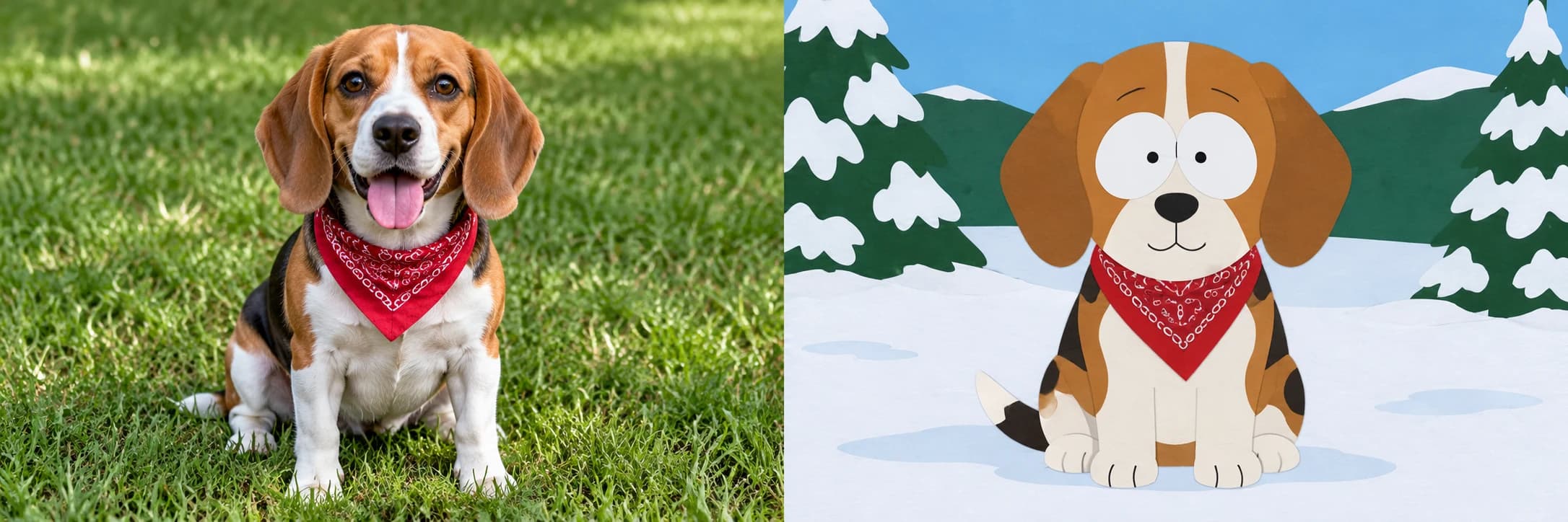 Illustrative paper-cutout beagle with the same markings and bandana in snow