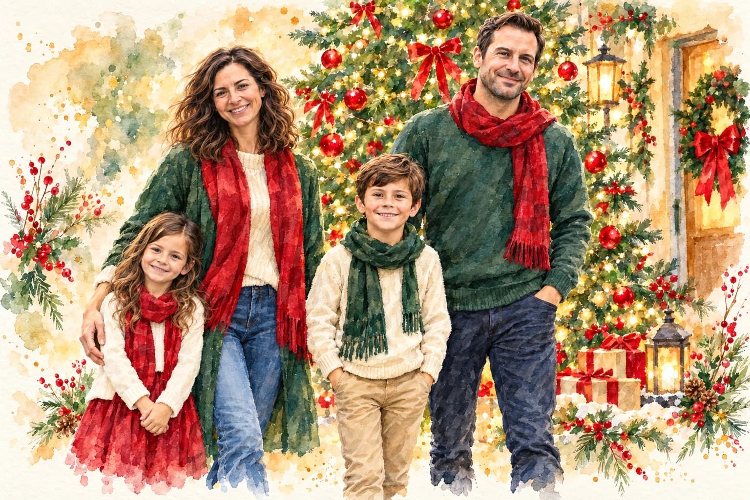 Illustrative Watercolor example: A festive watercolor portrait with rich red-green accents and warm golden washes.