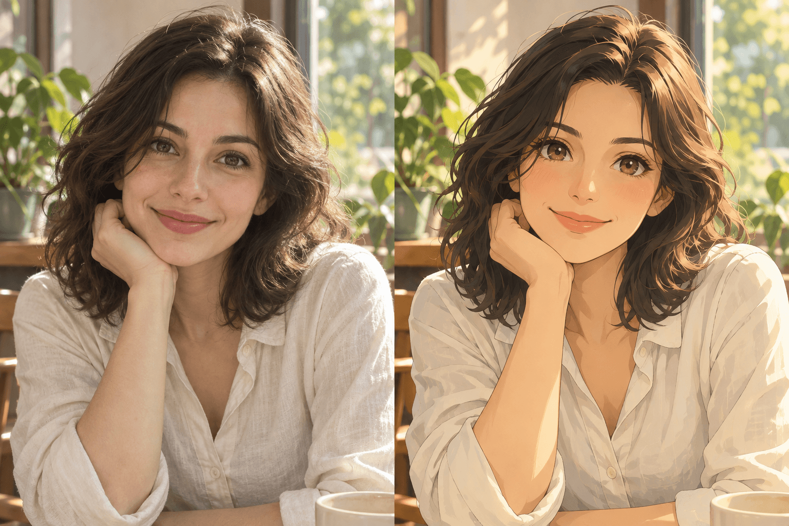 Comparison of a woman by a cafe window in photographic and anime styles