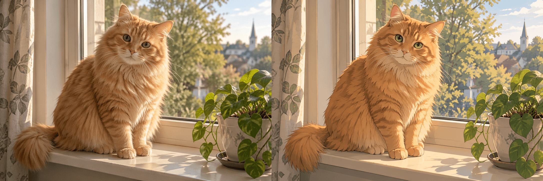 Anime illustration of a ginger cat with warm window light and soft painterly colors