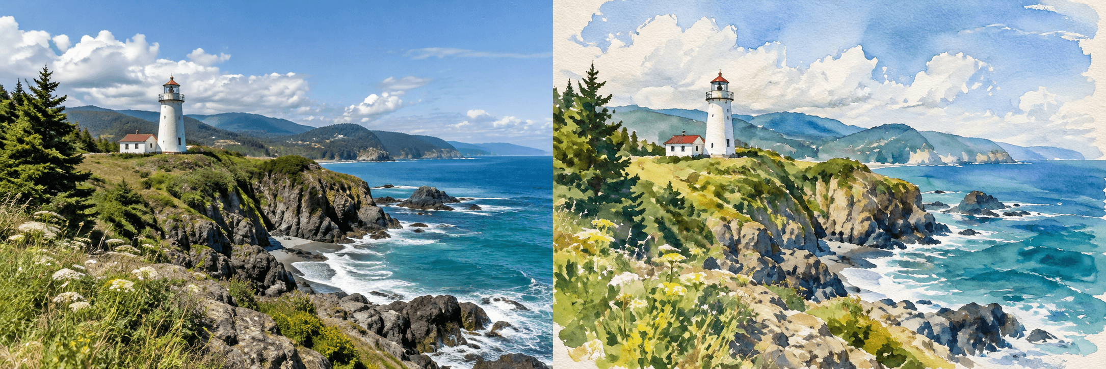 Watercolor lighthouse and coastline with translucent washes