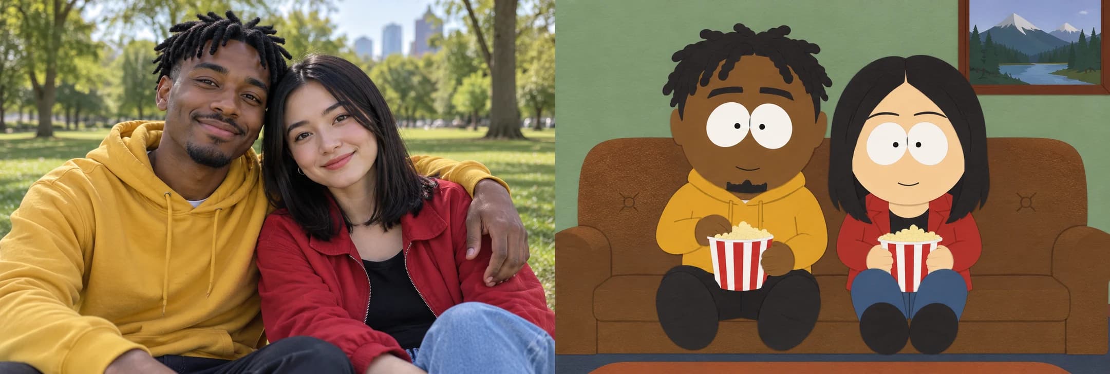 Illustrative paper-cutout friends sitting on a couch with popcorn