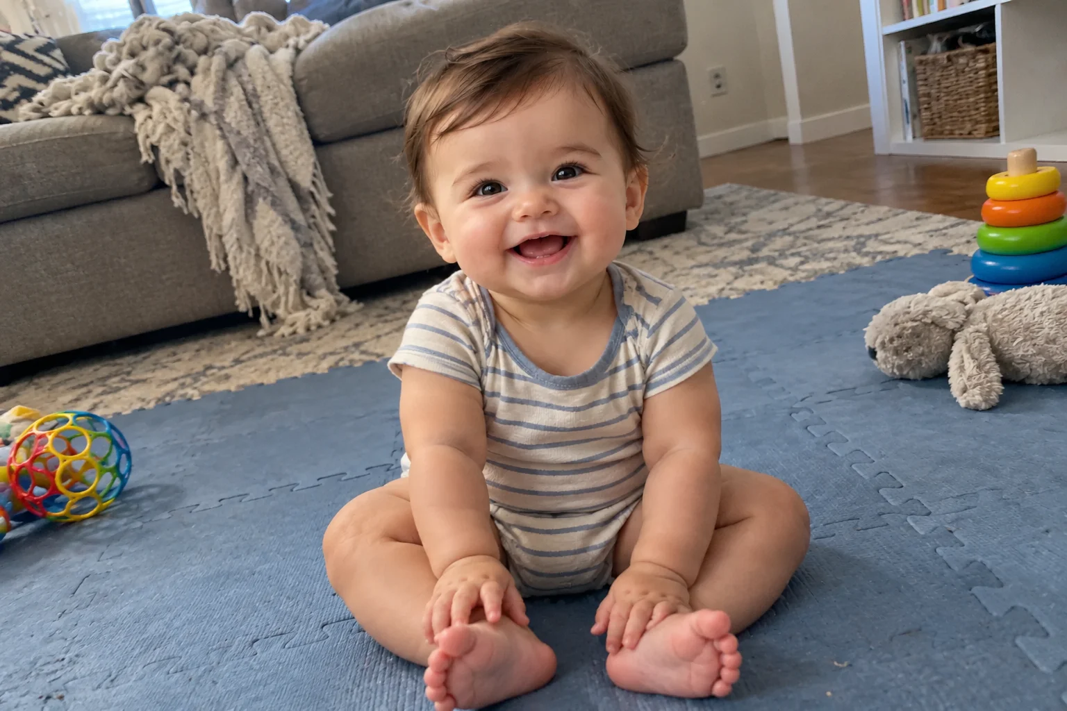 Casual phone snapshot of the baby at home before the cream studio photoshoot