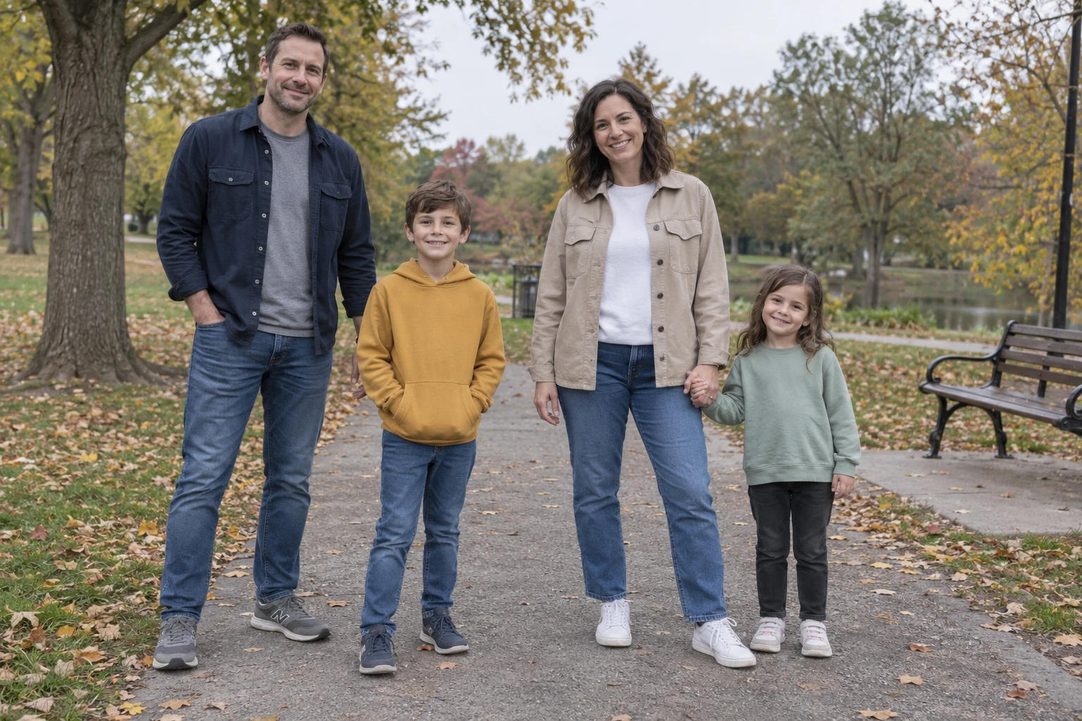 AI-generated family of four in everyday clothes before the Christmas transformation