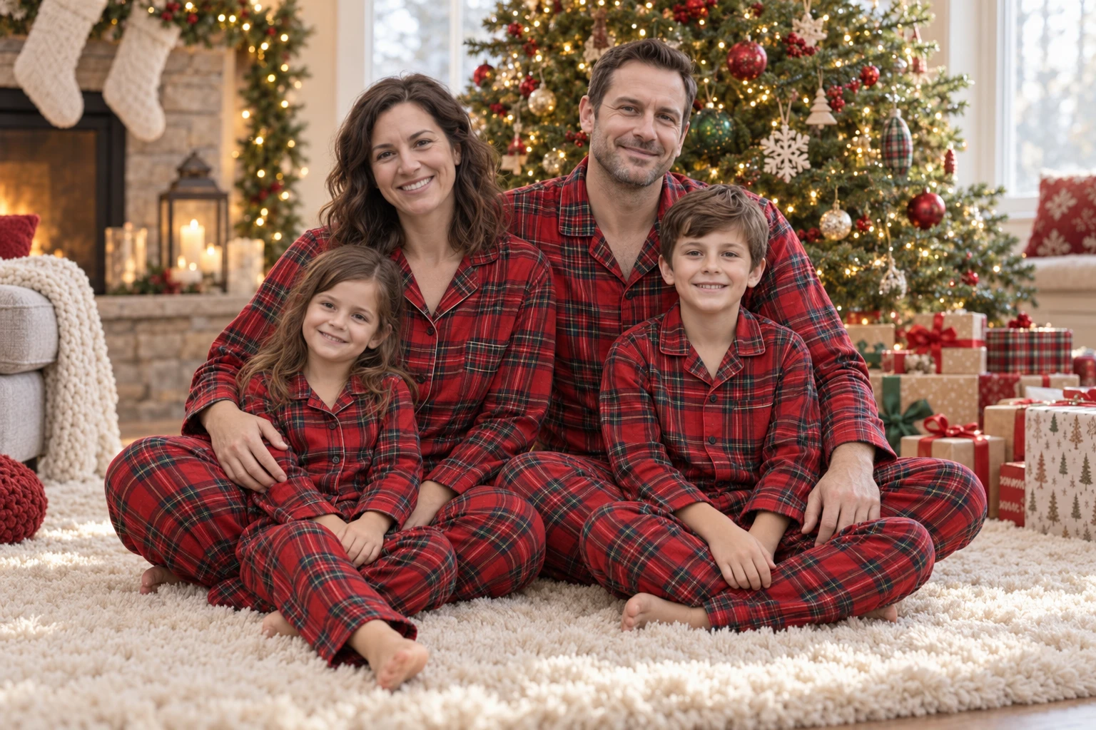 Illustrative Matching Pajamas example: A family portrait in matching pajamas by the Christmas tree.