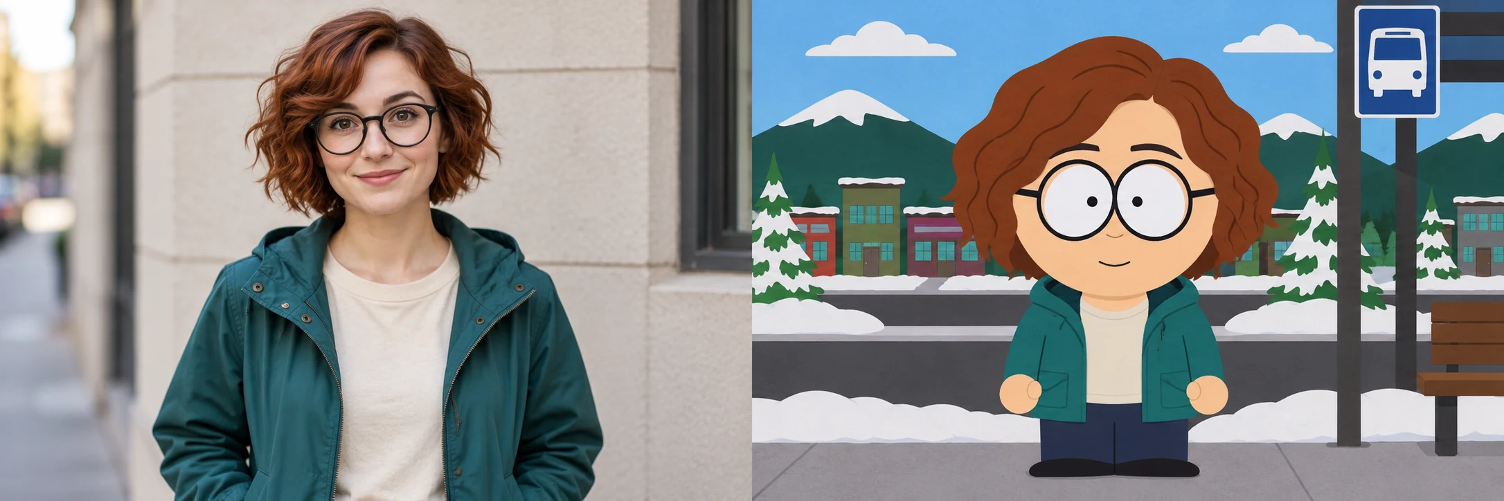 Illustrative paper-cutout version of the woman at a snowy bus stop
